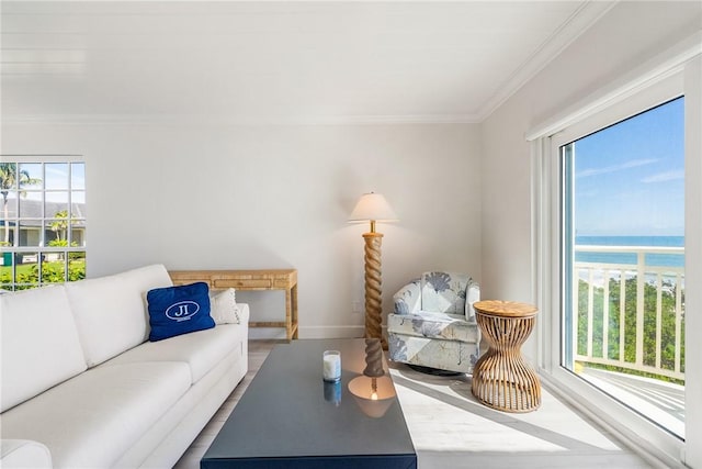 living area featuring crown molding, a water view, a wealth of natural light, and wood finished floors