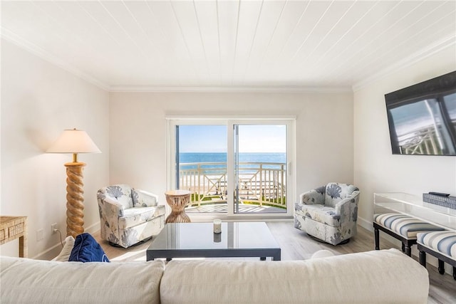 living area with wood finished floors, crown molding, a water view, and baseboards