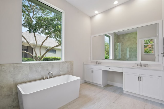 bathroom with vanity, hardwood / wood-style flooring, and plenty of natural light