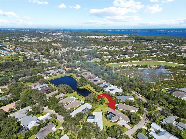 drone / aerial view featuring a water view