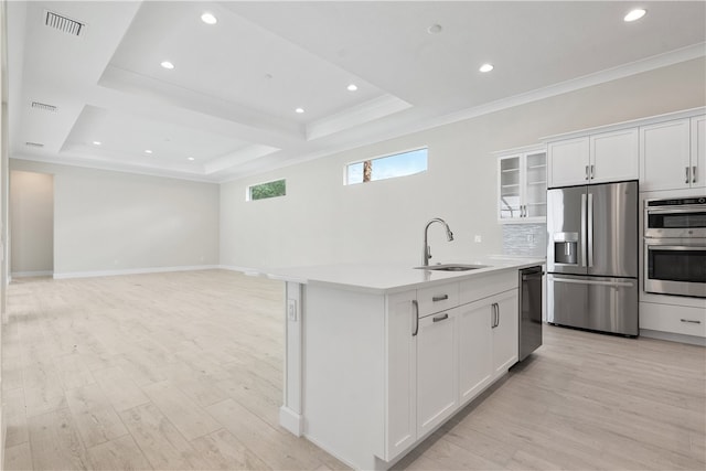 kitchen featuring appliances with stainless steel finishes, white cabinetry, and a kitchen island with sink