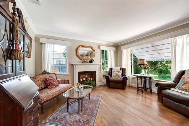 interior space featuring light wood-type flooring and ornamental molding