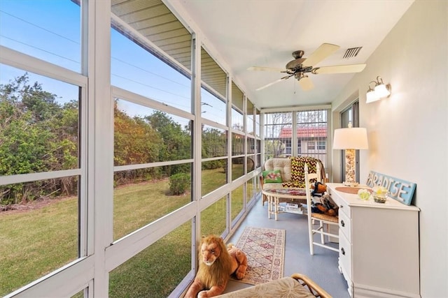 sunroom / solarium featuring ceiling fan