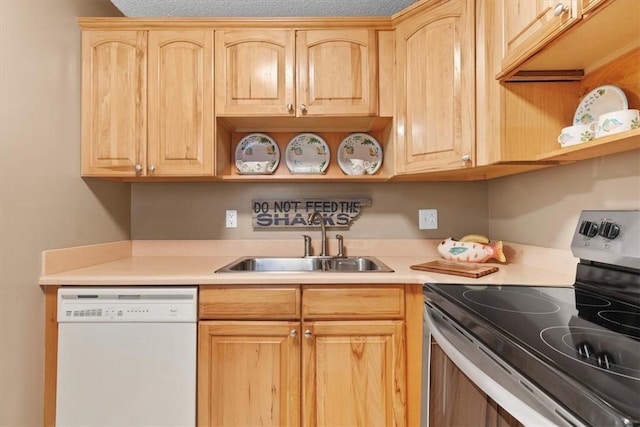 kitchen with stainless steel electric stove, dishwasher, sink, and light brown cabinets