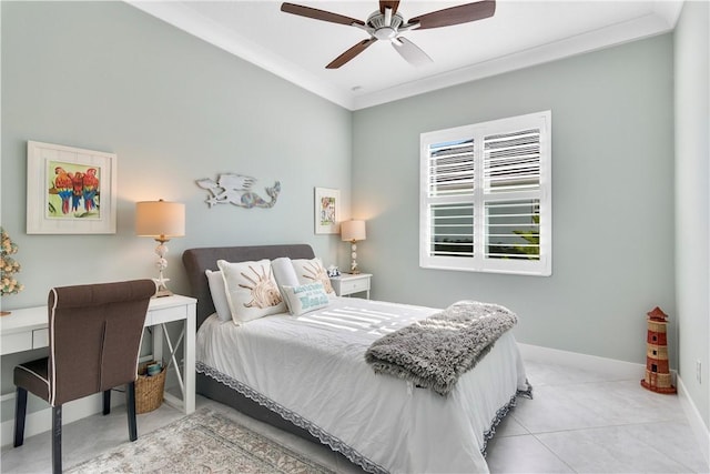 tiled bedroom featuring ceiling fan and crown molding