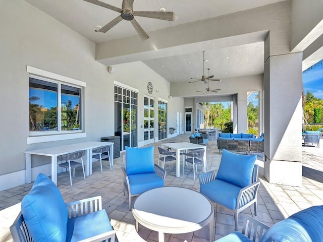 view of patio / terrace featuring ceiling fan, french doors, and an outdoor hangout area