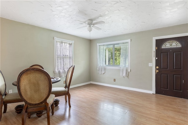 dining area with ceiling fan and light hardwood / wood-style flooring