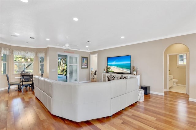 living room featuring light wood-type flooring, a wealth of natural light, and ornamental molding