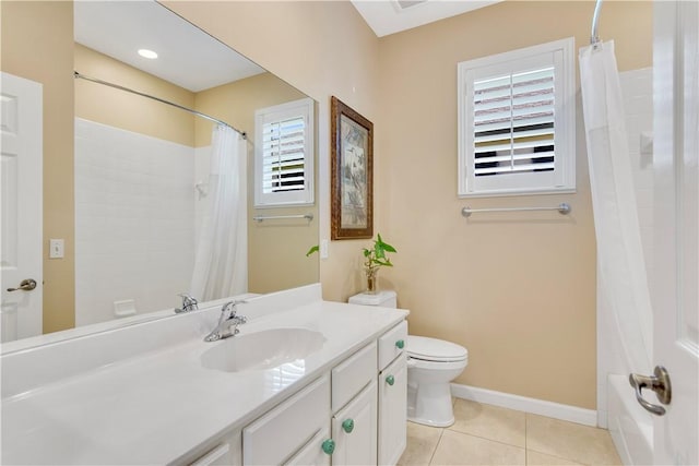 full bathroom featuring toilet, shower / bath combination with curtain, tile patterned floors, and vanity