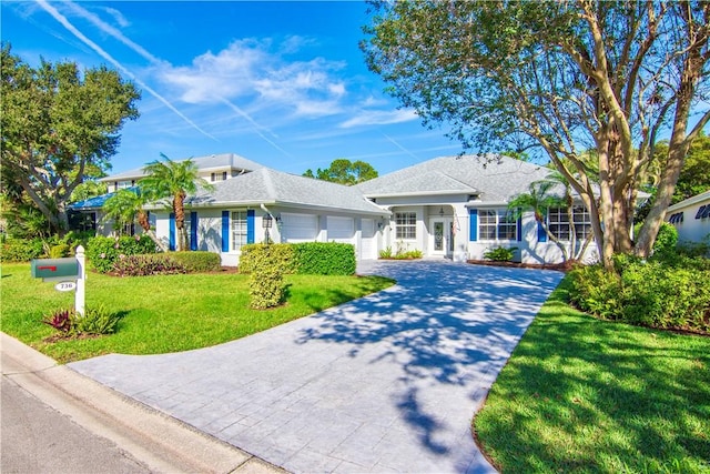 ranch-style house with a garage and a front lawn