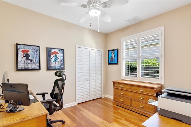 office area with ceiling fan and light hardwood / wood-style floors