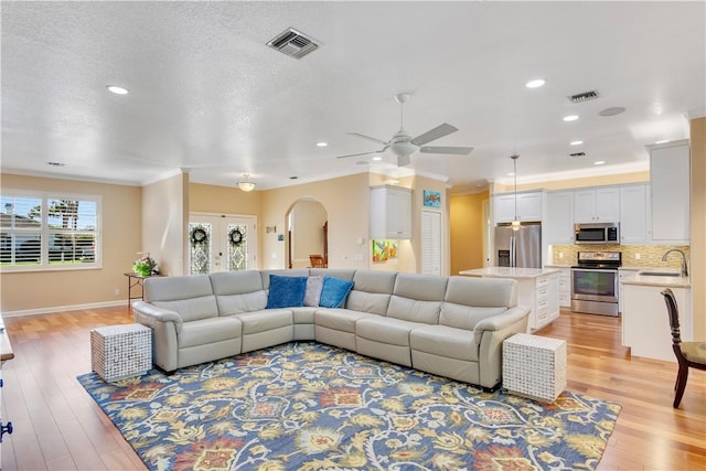 living room featuring sink, ceiling fan, crown molding, and light hardwood / wood-style floors