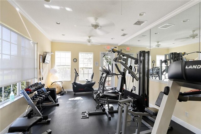 3255 W Brookfield Way, Vero Beach, FL 32966 - workout area with ceiling fan, healthy amount of natural light, baseboards, ornamental molding, and recessed lighting
