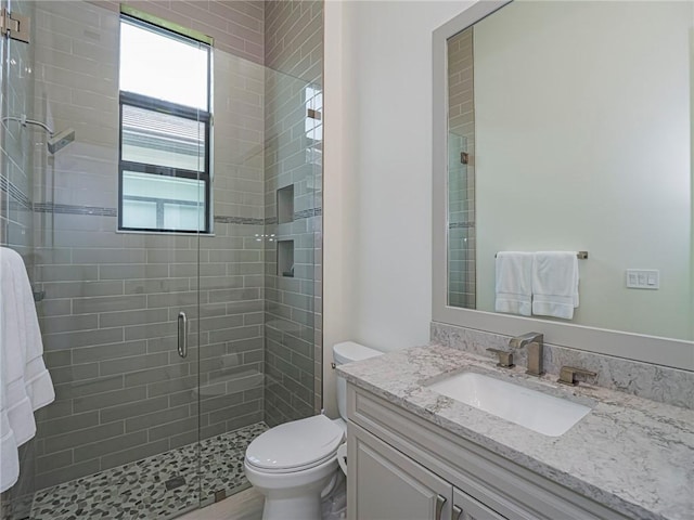 bathroom featuring vanity, toilet, and a shower with shower door