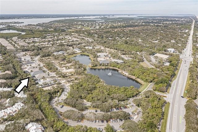 drone / aerial view featuring a water view