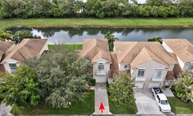 drone / aerial view featuring a water view