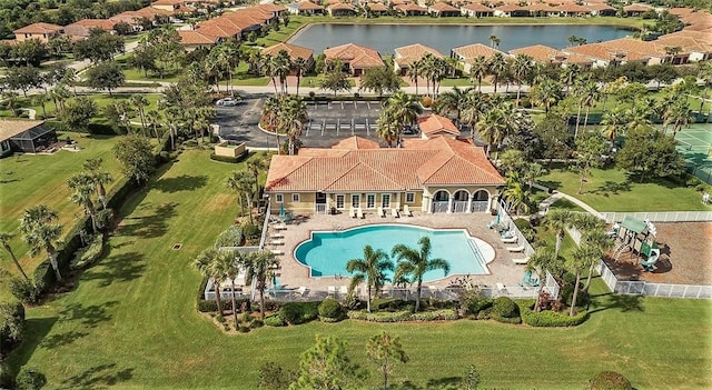 aerial view featuring a water view