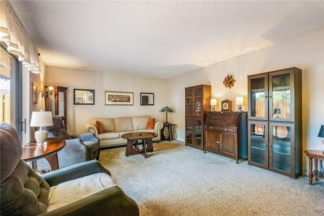 living room featuring light carpet and a textured ceiling