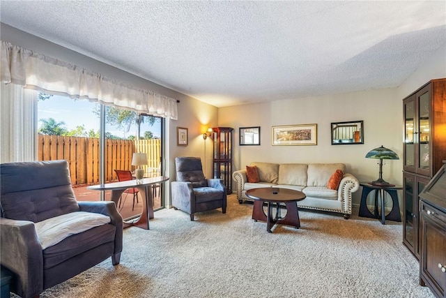 living area with light colored carpet and a textured ceiling