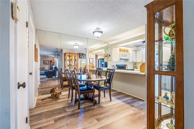 dining room featuring a textured ceiling and light wood finished floors