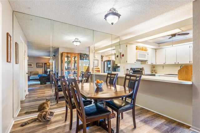 dining space featuring ceiling fan, a textured ceiling, baseboards, and wood finished floors