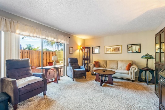 living area with light colored carpet and a textured ceiling