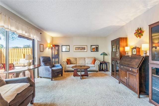 living area featuring light carpet and a textured ceiling