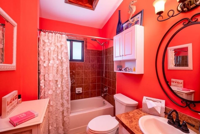 full bathroom with toilet, shower / bath combination with curtain, and vanity