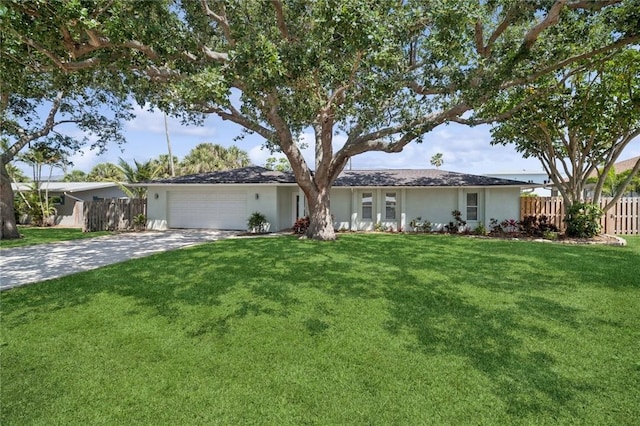 ranch-style house with concrete driveway, a front lawn, an attached garage, and fence