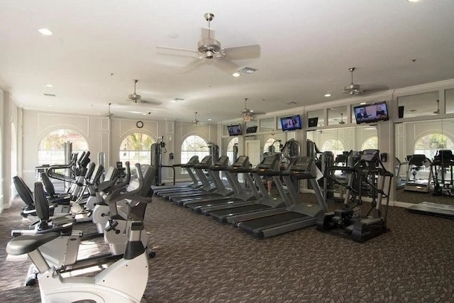 gym featuring ceiling fan and ornamental molding