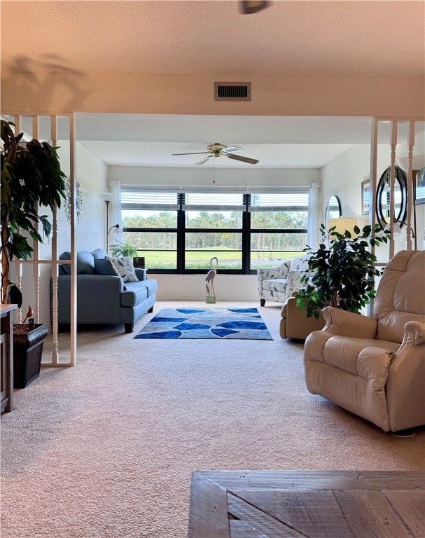 carpeted living room with ceiling fan, plenty of natural light, and a textured ceiling