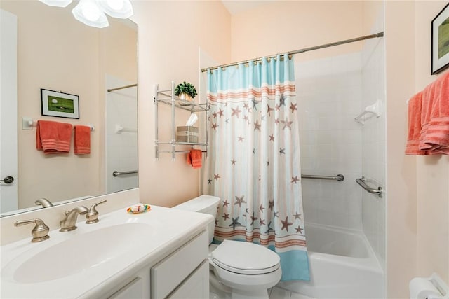 full bathroom with shower / bathtub combination with curtain, toilet, and vanity