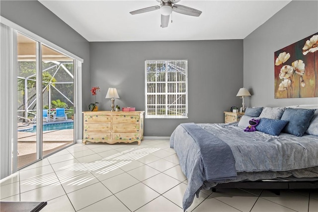 tiled bedroom with access to exterior and ceiling fan