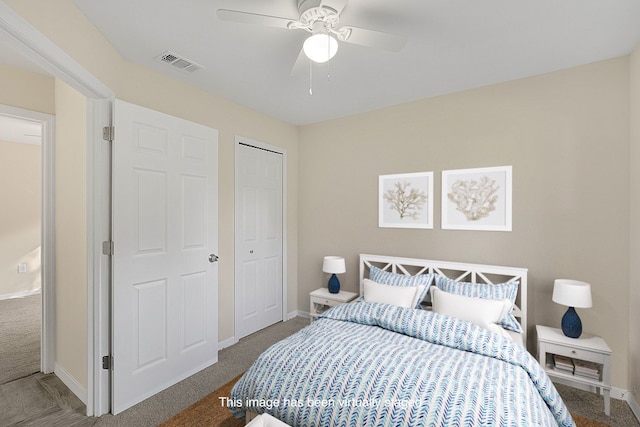 bedroom with a closet, carpet flooring, and ceiling fan