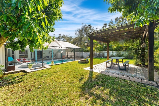 view of yard with a fenced in pool, a pergola, a patio area, and glass enclosure