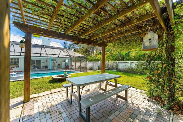 view of patio with a fenced in pool, glass enclosure, and a pergola