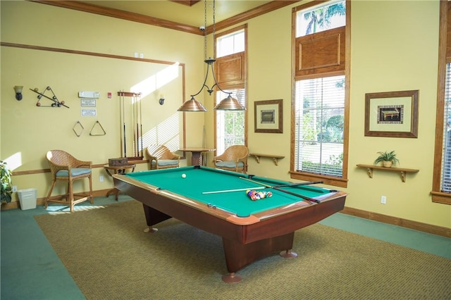 recreation room featuring ornamental molding, billiards, and carpet