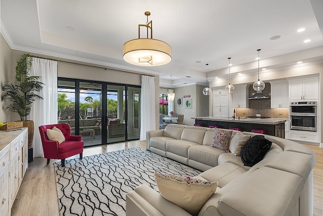 living room featuring french doors, light wood-type flooring, a raised ceiling, and crown molding