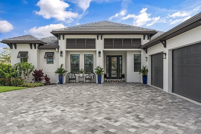 exterior space with a garage