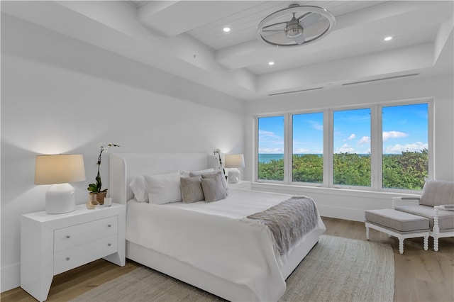 bedroom with light hardwood / wood-style flooring, multiple windows, and a raised ceiling