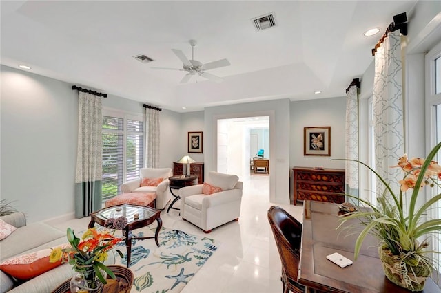 280 Seabreeze Ct, Vero Beach, FL 32963 - living room featuring light tile patterned floors, a ceiling fan, visible vents, and recessed lighting