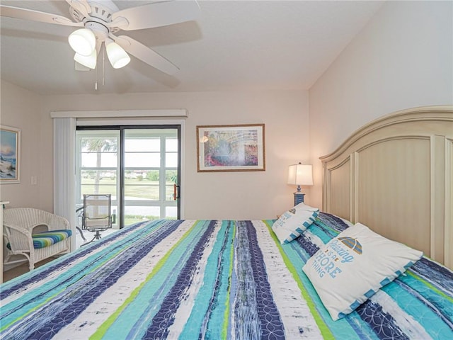 bedroom featuring a ceiling fan and access to outside