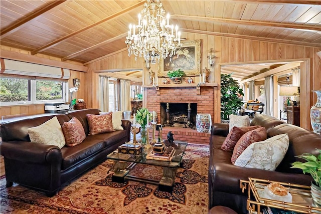 315 62nd Ct SW, Vero Beach, FL 32968 - living area with wood ceiling, an inviting chandelier, a fireplace, lofted ceiling, and wooden walls