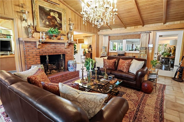 315 62nd Ct SW, Vero Beach, FL 32968 - living room with an inviting chandelier, a fireplace, wood walls, wooden ceiling, and vaulted ceiling with beams