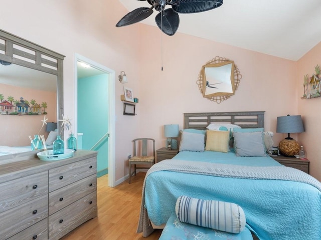 bedroom with ceiling fan and light wood-type flooring