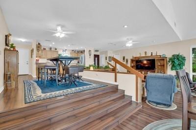 dining area with ceiling fan and hardwood / wood-style floors