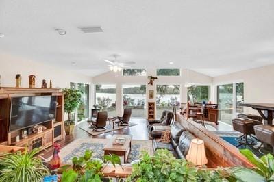 living room with vaulted ceiling and plenty of natural light