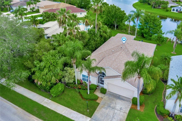 bird's eye view featuring a water view