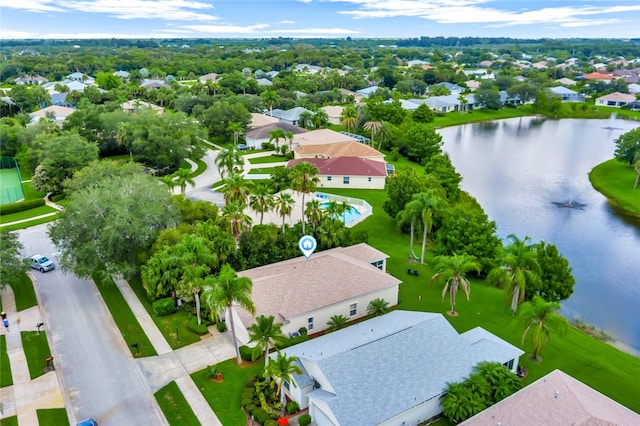 drone / aerial view featuring a water view