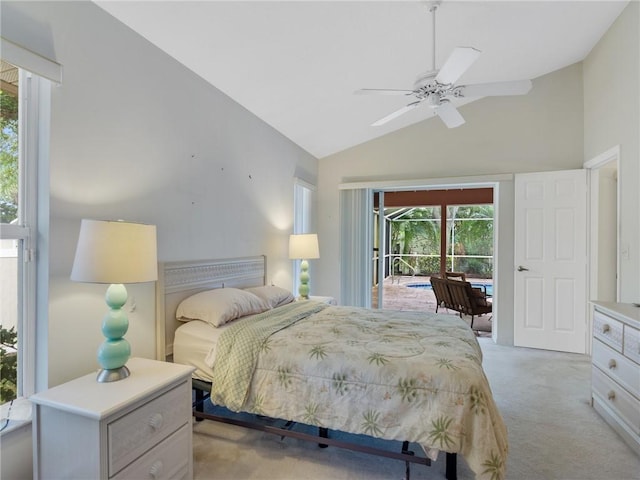 bedroom featuring access to outside, vaulted ceiling, ceiling fan, and light colored carpet